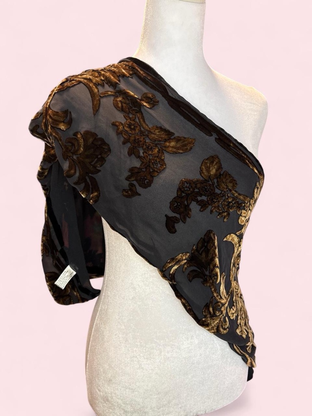 One-Shoulder Black and Gold Floral Shawl Scarf - Picture 2 of 6